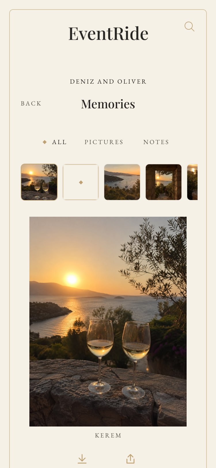The shared album on a phone: one guest's photograph shown large, with the others in a row above it.