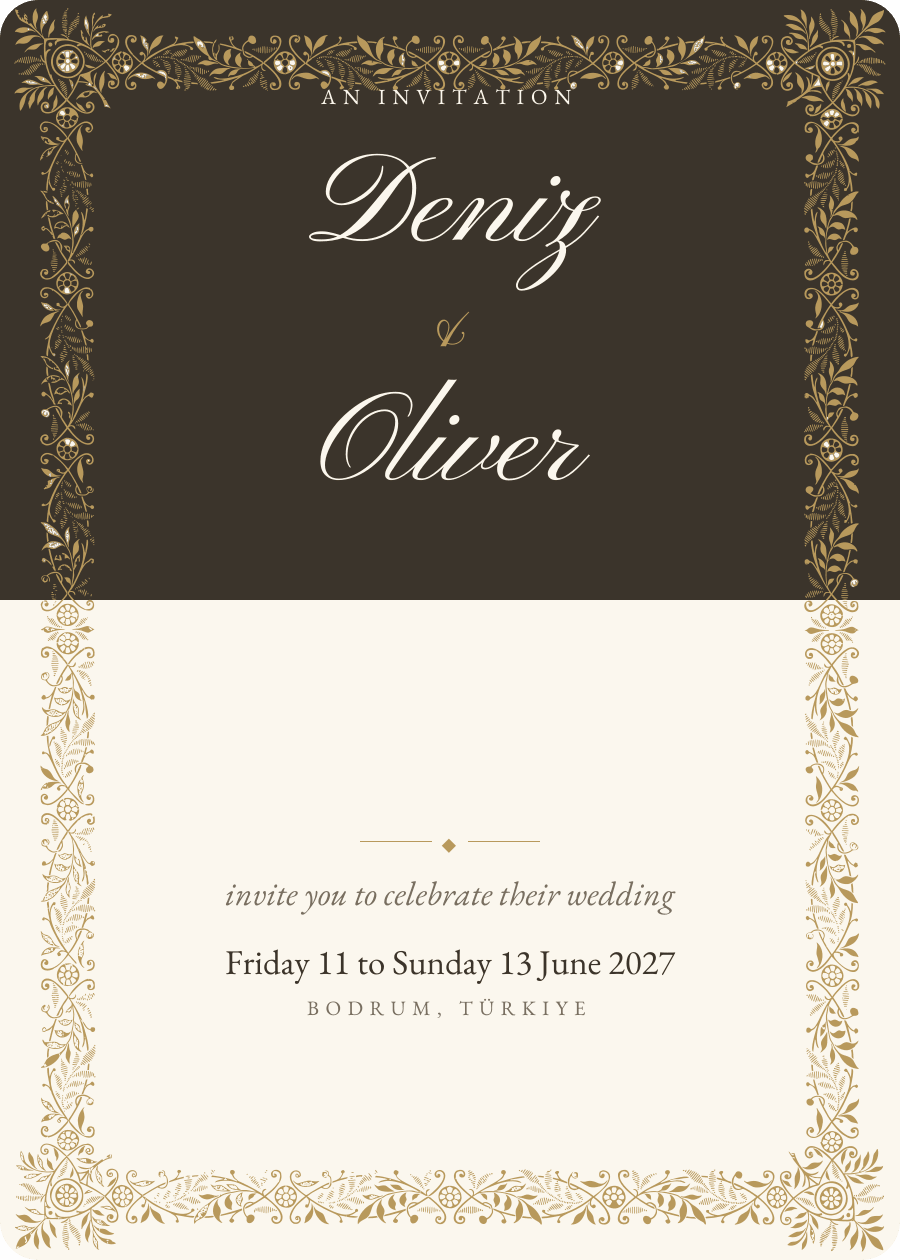 An invitation in the Duet layout with a floral border and soft corners.
