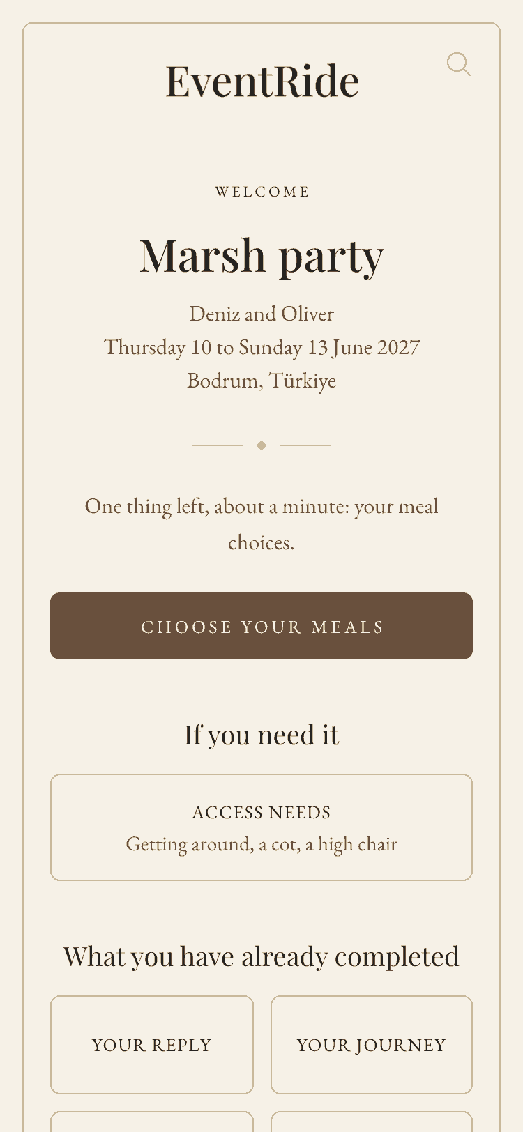 A guest's own page on a phone: Welcome and their household name, the one thing left to do, and what they have already completed.